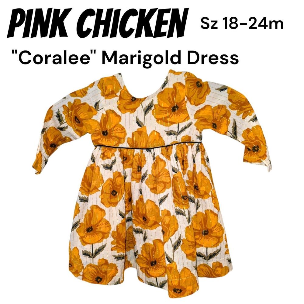 Pink Chicken Coralee 18-24m AOP Floral Marigold Tinsel Lined Party Church Dress